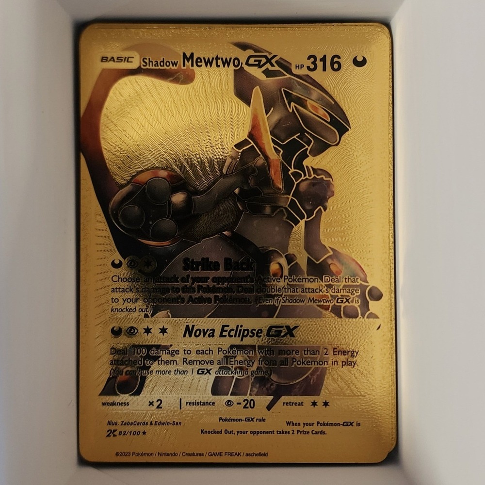 Pokemon Gold Shadow Mewtwo GX Custom Metallic Card Shiny Foil TCG Art